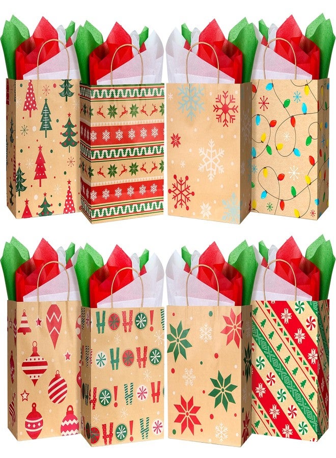 Pascliyna 24 Large Christmas Gift Bags with Handles 10 X 13 X 5'', Bulk Large Christmas Bags for Gifts with 24 Tissue Paper, 8 Styles Xmas Kraft Paper Gift Bags for Wrapping Xmas Holiday Presents - Image 1